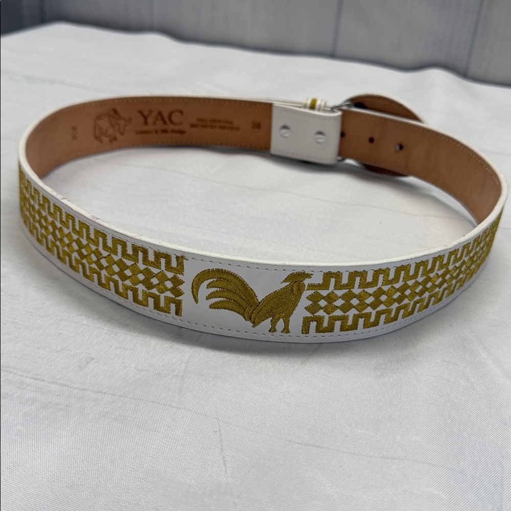 YAC White and Gold Leather and Silk Rooster Design Western Cowboy Belt Size 38 - Picture 4 of 6